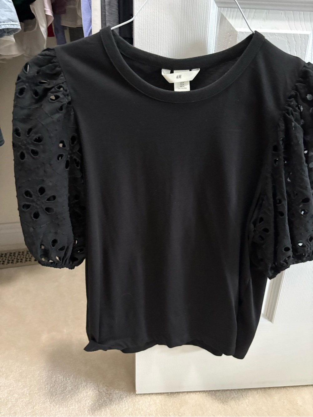 H&M Black Puff-Sleeve Eyelet Tee
